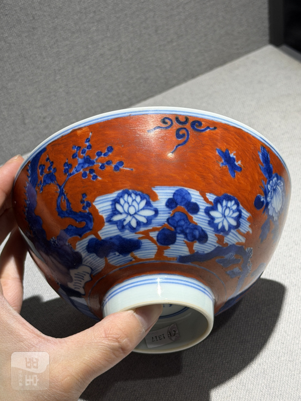清康熙 青花矾红洞石花卉纹碗 - 图12